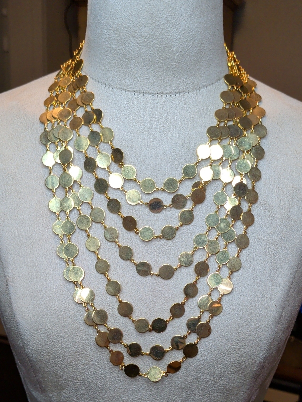 Vintage 70s Gold Tone Multi-Strand Coin Necklace 7 Strand Disco MCM